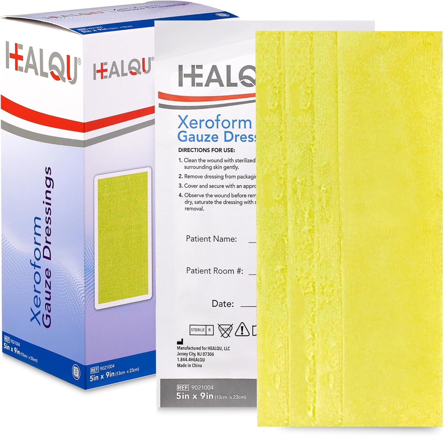 Healqu Xeroform Petrolatum Dressing front view of sterile medical packaging for advanced wound care.