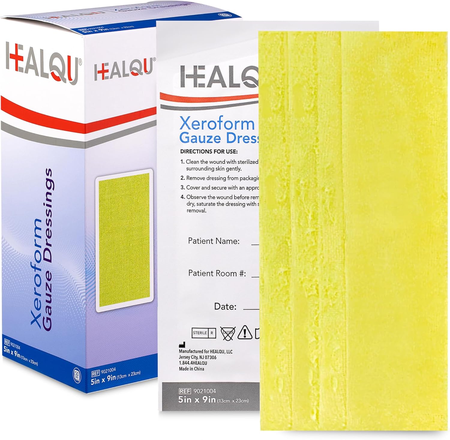 Healqu Xeroform Petrolatum Dressing front view of sterile medical packaging for advanced wound care.