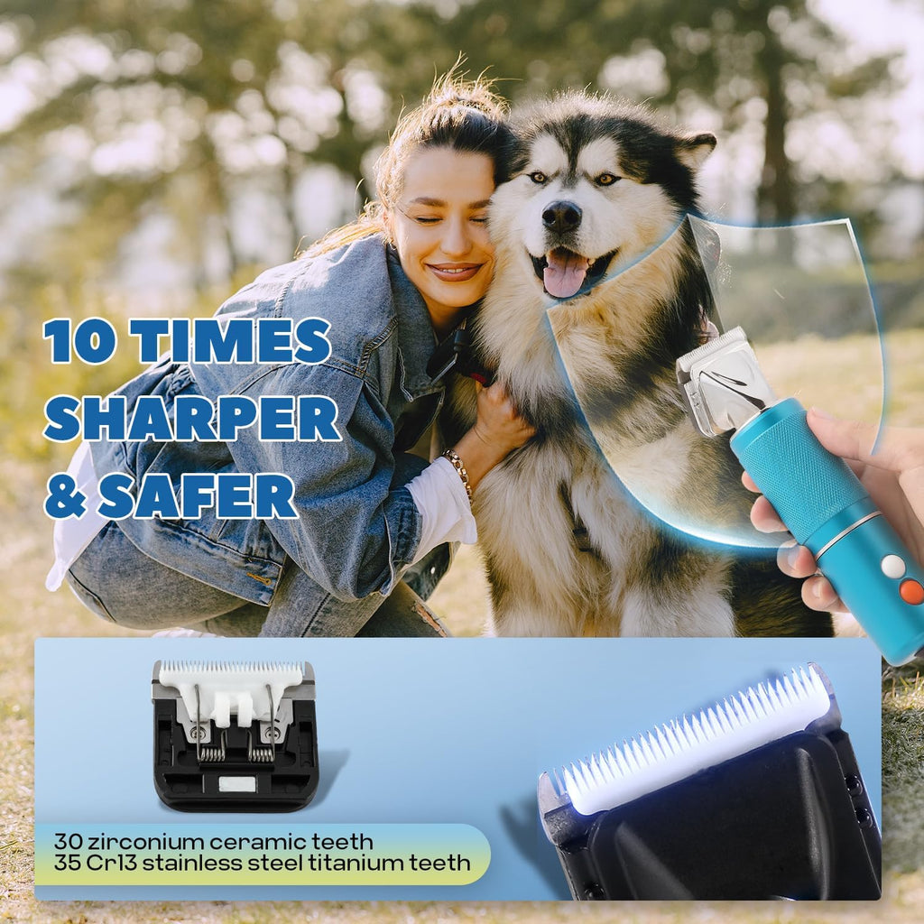 Close up view of the sharp detachable blade assembly on the blue dog trimmer