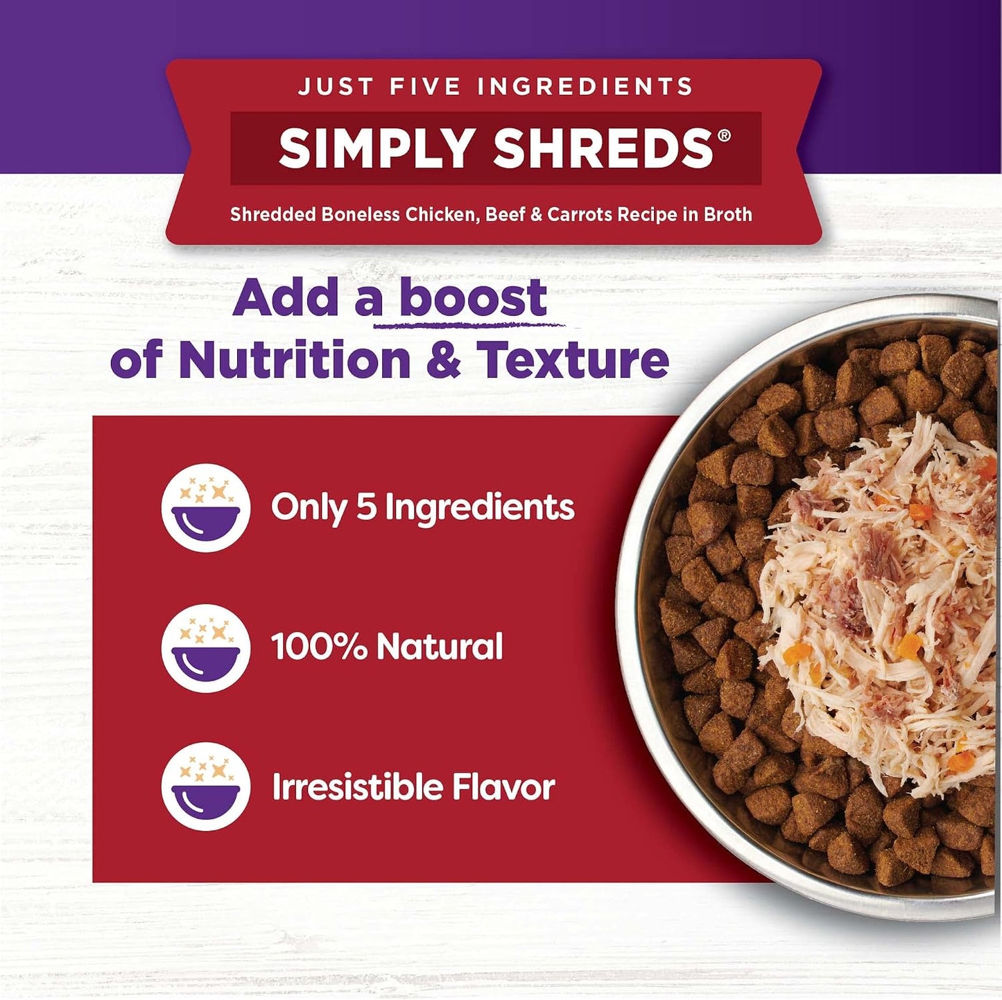 Wellness Simply Shreds chicken and beef recipe in broth poured over dry kibble