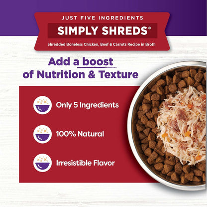 Wellness Simply Shreds chicken and beef recipe in broth poured over dry kibble
