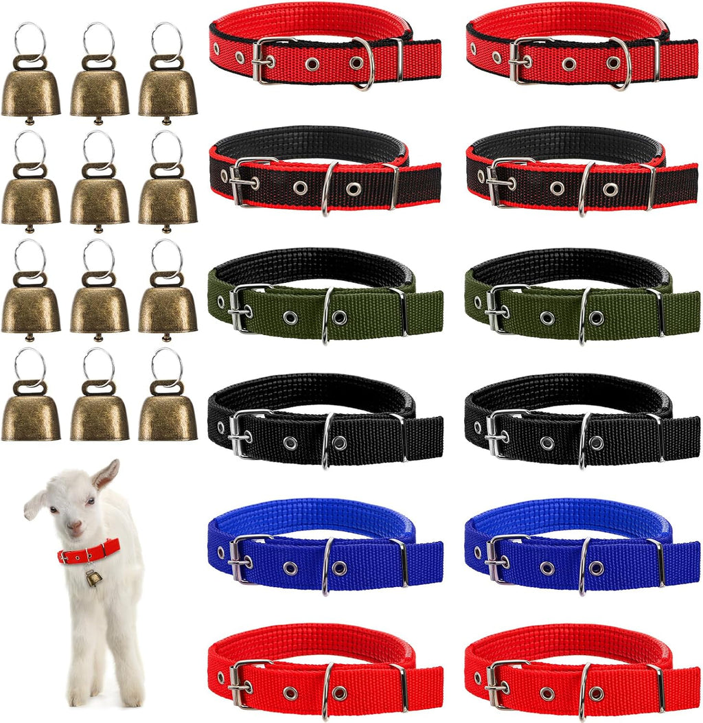 Coloch twelve pack goat collars with bells front view showing six vibrant nylon colors for livestock tracking.