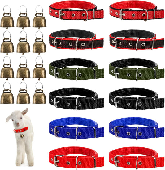 Coloch twelve pack goat collars with bells front view showing six vibrant nylon colors for livestock tracking.