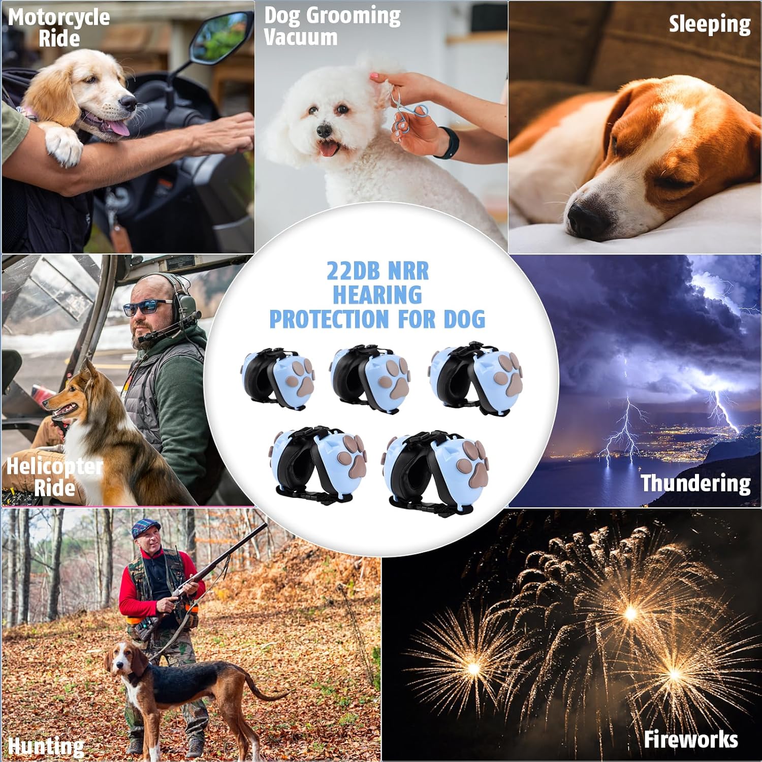 Famikako calming dog ear muffs designed for thunder noise protection in light blue gray.