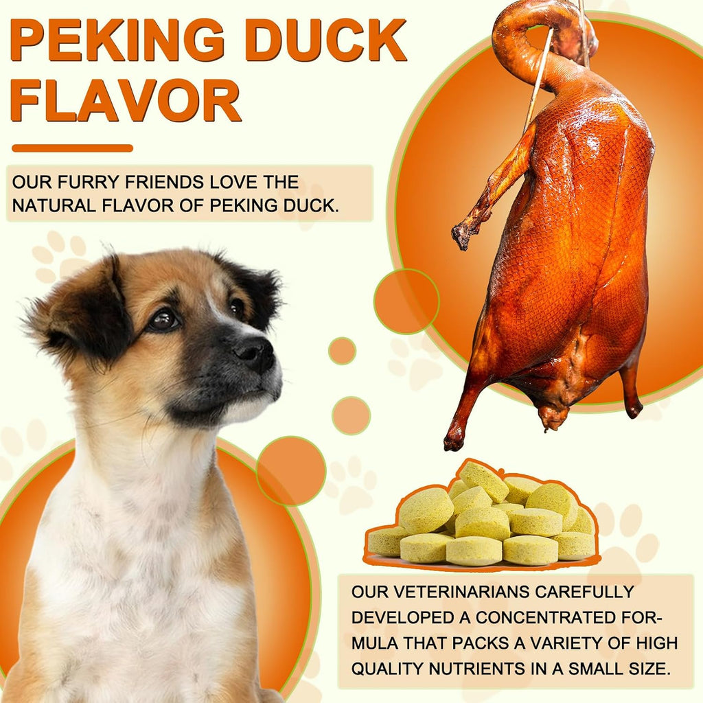 Alivo pet supplement bottle showing ingredients list and Peking Duck flavor details