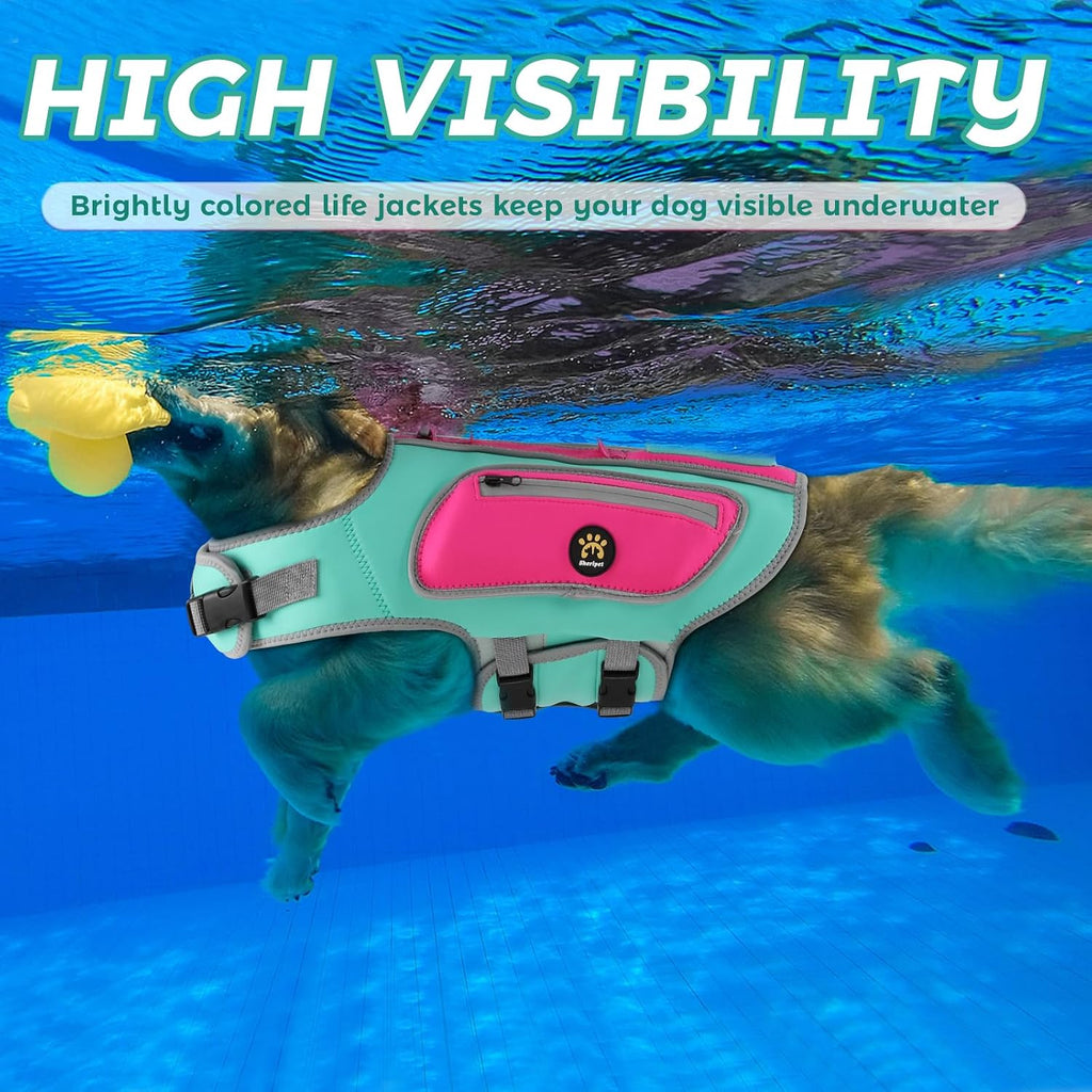 Close-up of the high-visibility reflective stripes and playful shark fin on the back of the pet life vest.