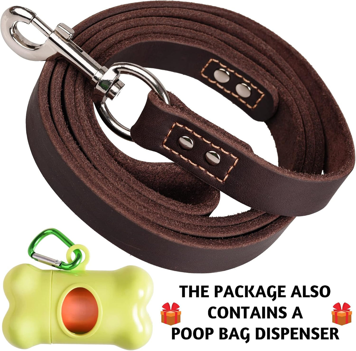 Brown ADITYNA genuine leather training lead extended out to show its six foot length profile.