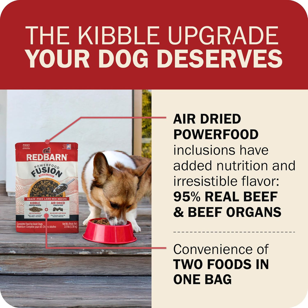 Redbarn Powerfood Fusion 3.5 pound bag showing the mix of baked kibble and air-dried meat pieces for adult dogs