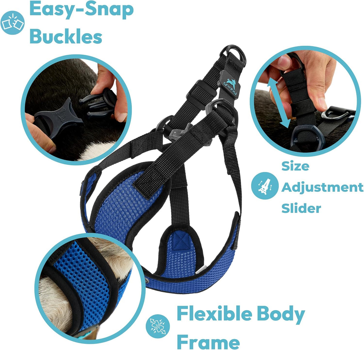 Gooby escape free dog harness with premium metal D rings and quick release buckle.