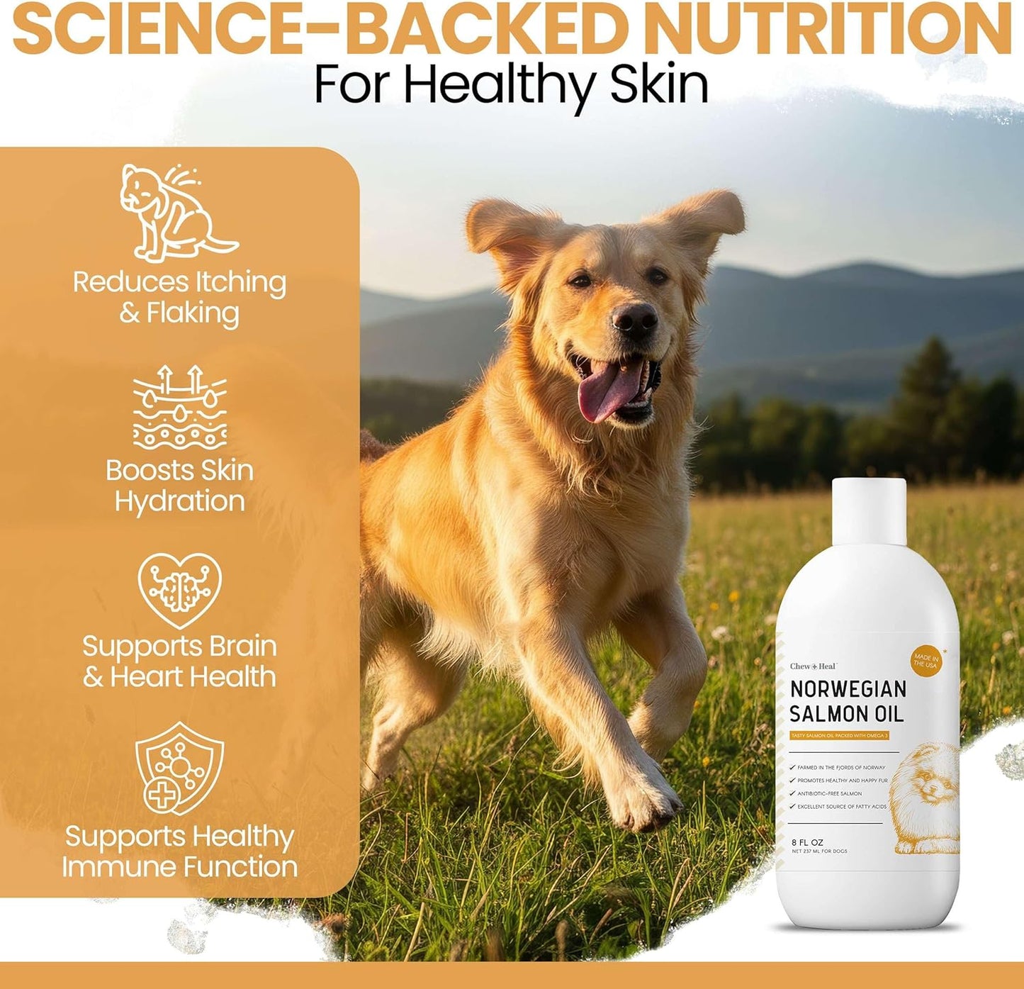 Norwegian dog salmon oil eight ounce bottle liquid formula for itchy skin relief