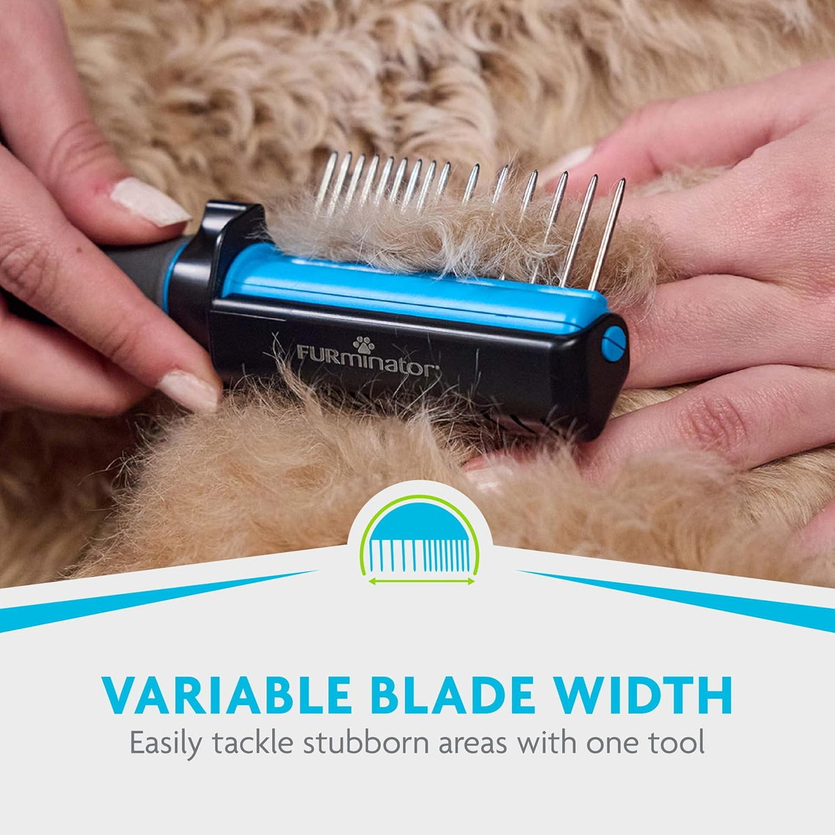 Variable blade width teeth on the FURminator doodle tool for customizable detangling.
