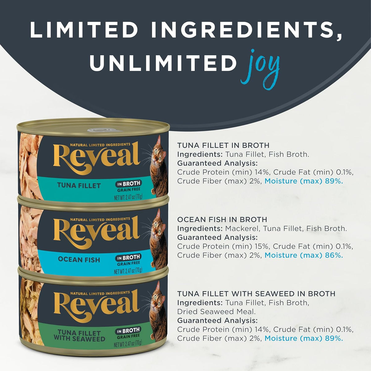Reveal grain free cat food can close up product label