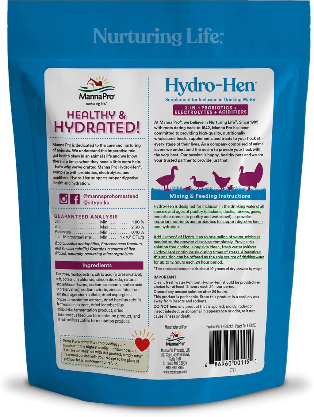 Manna Pro Hydro-Hen poultry supplement jar size reference next to common coop items.