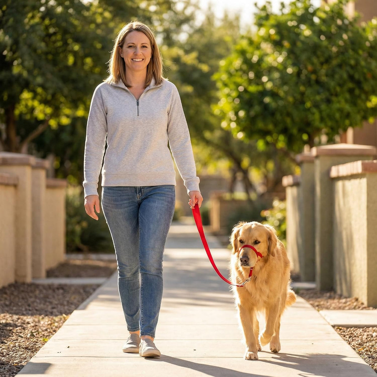 Zevey gentle leader style headcollar with soft red straps for comfortable walking.