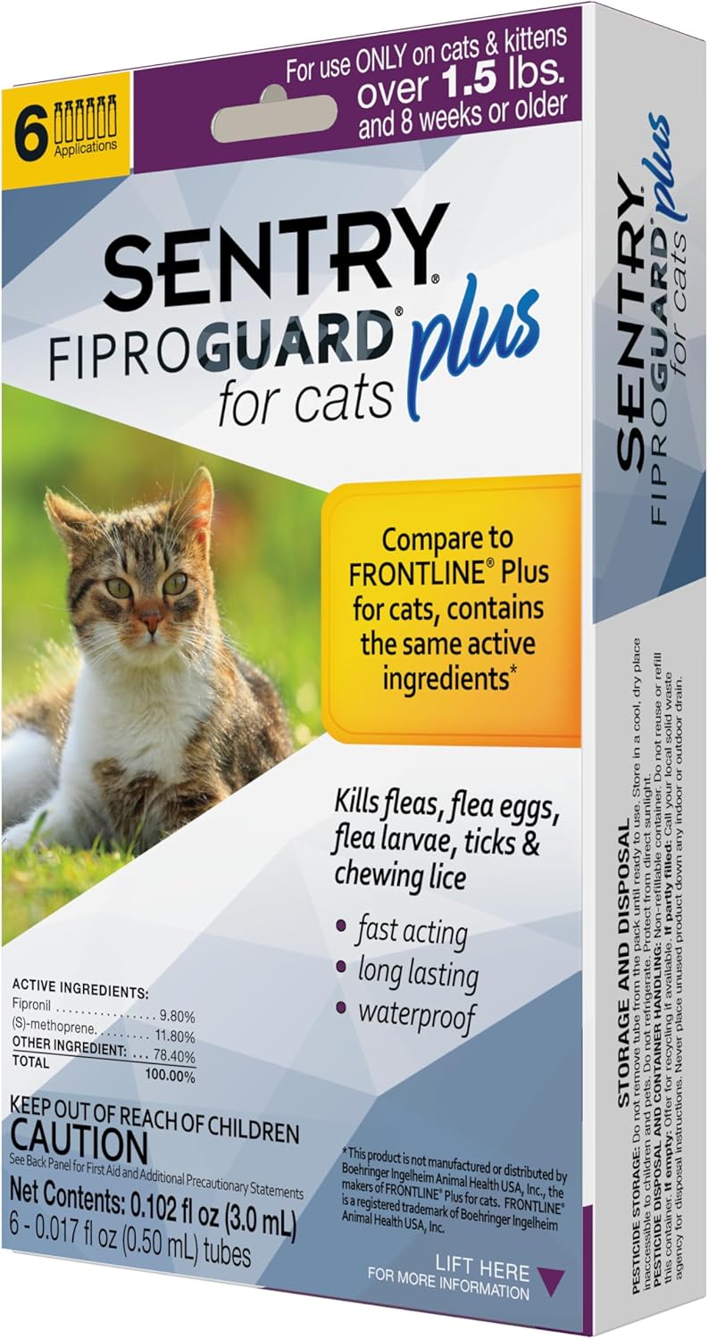 Sentry Fiproguard Plus package opening instructions and safety warning details.