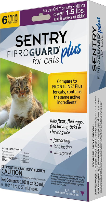 Sentry Fiproguard Plus package opening instructions and safety warning details.