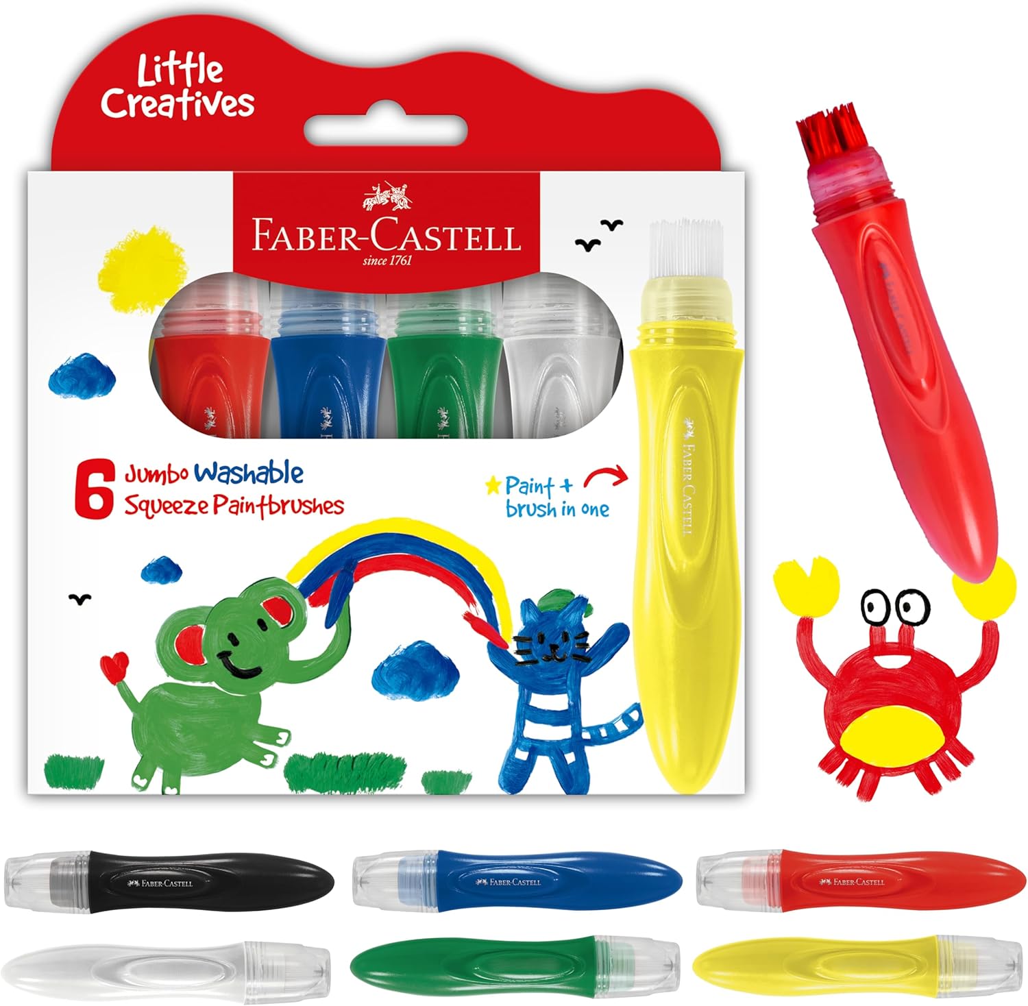 Faber-Castell Little Creatives Jumbo Squeezing Paint Brushes front packaging view showing six vibrant colors