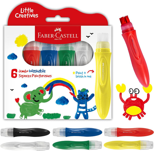Faber-Castell Little Creatives Jumbo Squeezing Paint Brushes front packaging view showing six vibrant colors