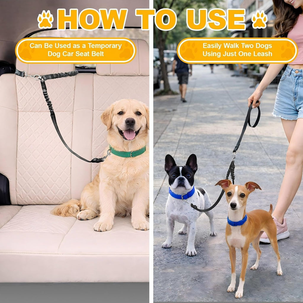 Caldzur double pet leash displaying dual sided reflective safety stitching