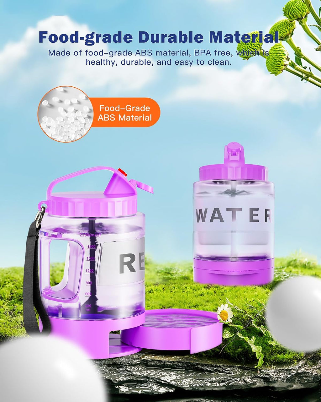Close up view of the one handed red button control on the purple travel dog bottle.