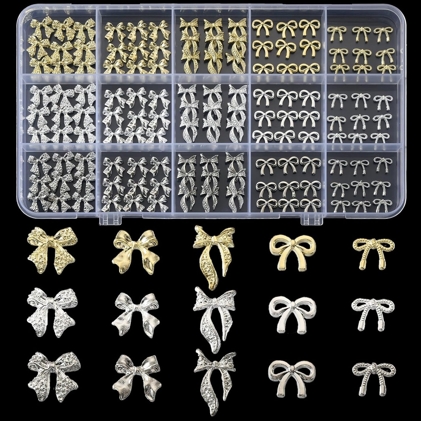 135 Pcs Bow Nail Charms 5 Styles Metal Bow Charms for Nails Gold Silver and White Gold - Image 1