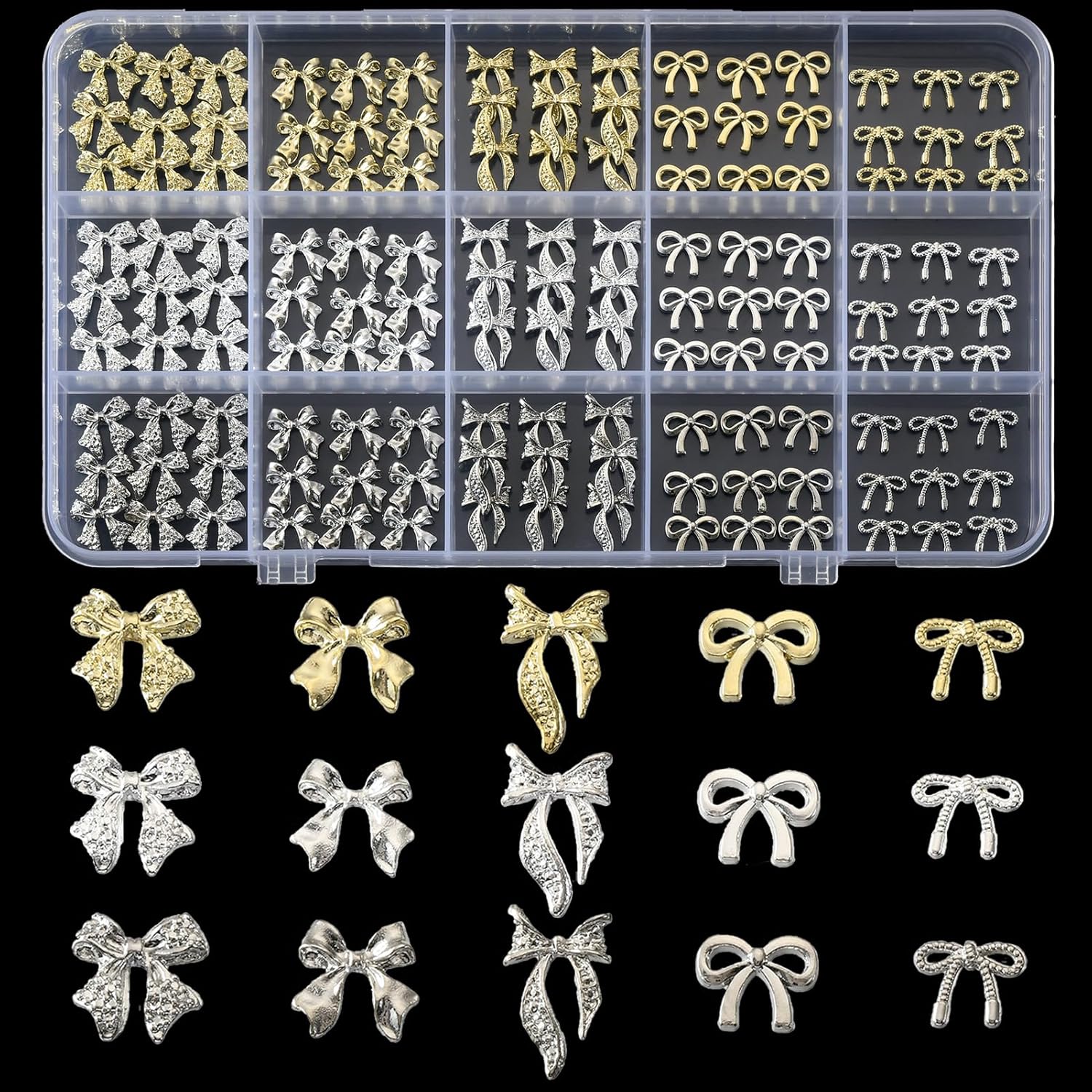 135 Pcs Bow Nail Charms 5 Styles Metal Bow Charms for Nails Gold Silver and White Gold - Image 1