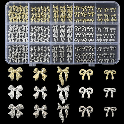 135 Pcs Bow Nail Charms 5 Styles Metal Bow Charms for Nails Gold Silver and White Gold - Image 1