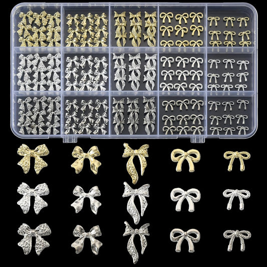 135 Pcs Bow Nail Charms 5 Styles Metal Bow Charms for Nails Gold Silver and White Gold - Image 1