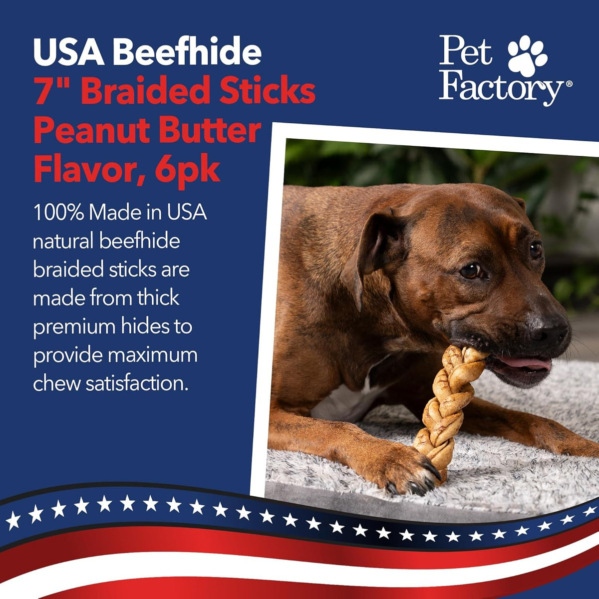 Pet Factory peanut butter flavored braided rawhide sticks for medium dogs close up texture