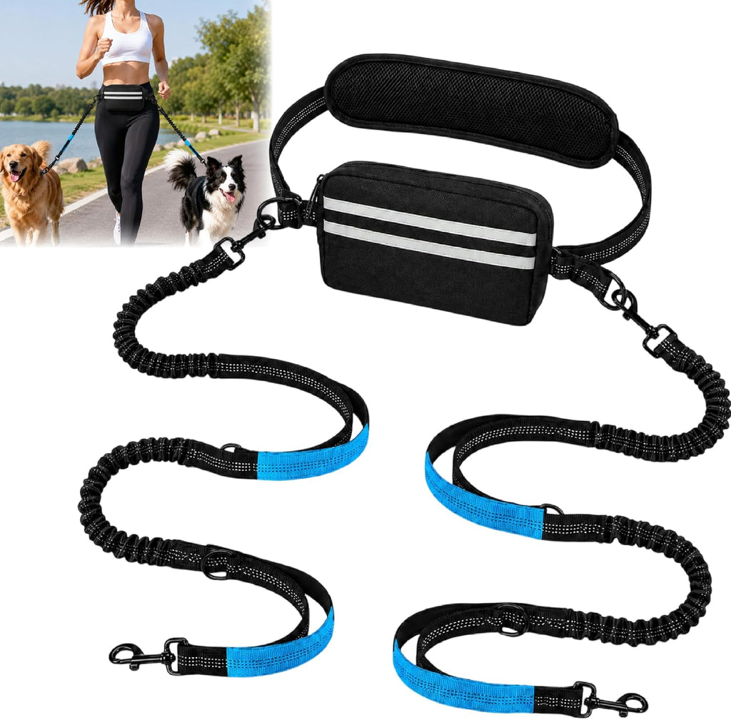 STHHD hands free double dog leash front view showing waist belt and dual bungees.