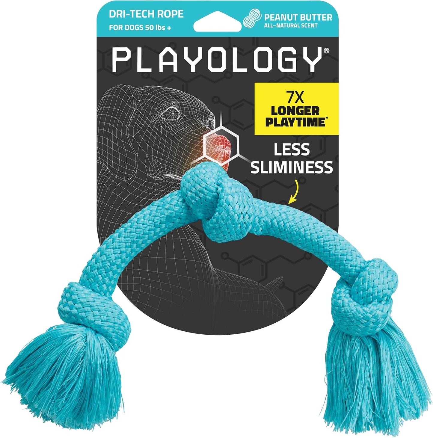 Playology Dri-Tech Rope Dog Toy front view showing blue jumbo tug rope with peanut butter scent.