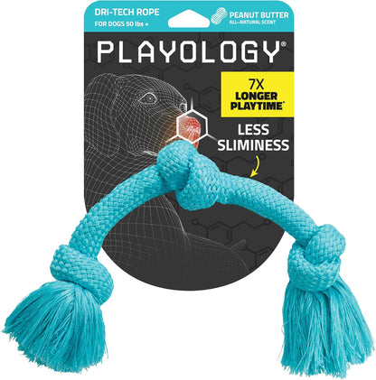Playology Dri-Tech Rope Dog Toy front view showing blue jumbo tug rope with peanut butter scent.
