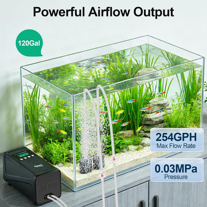 Side view of Hygger aquarium oxygen pump demonstrating portable design