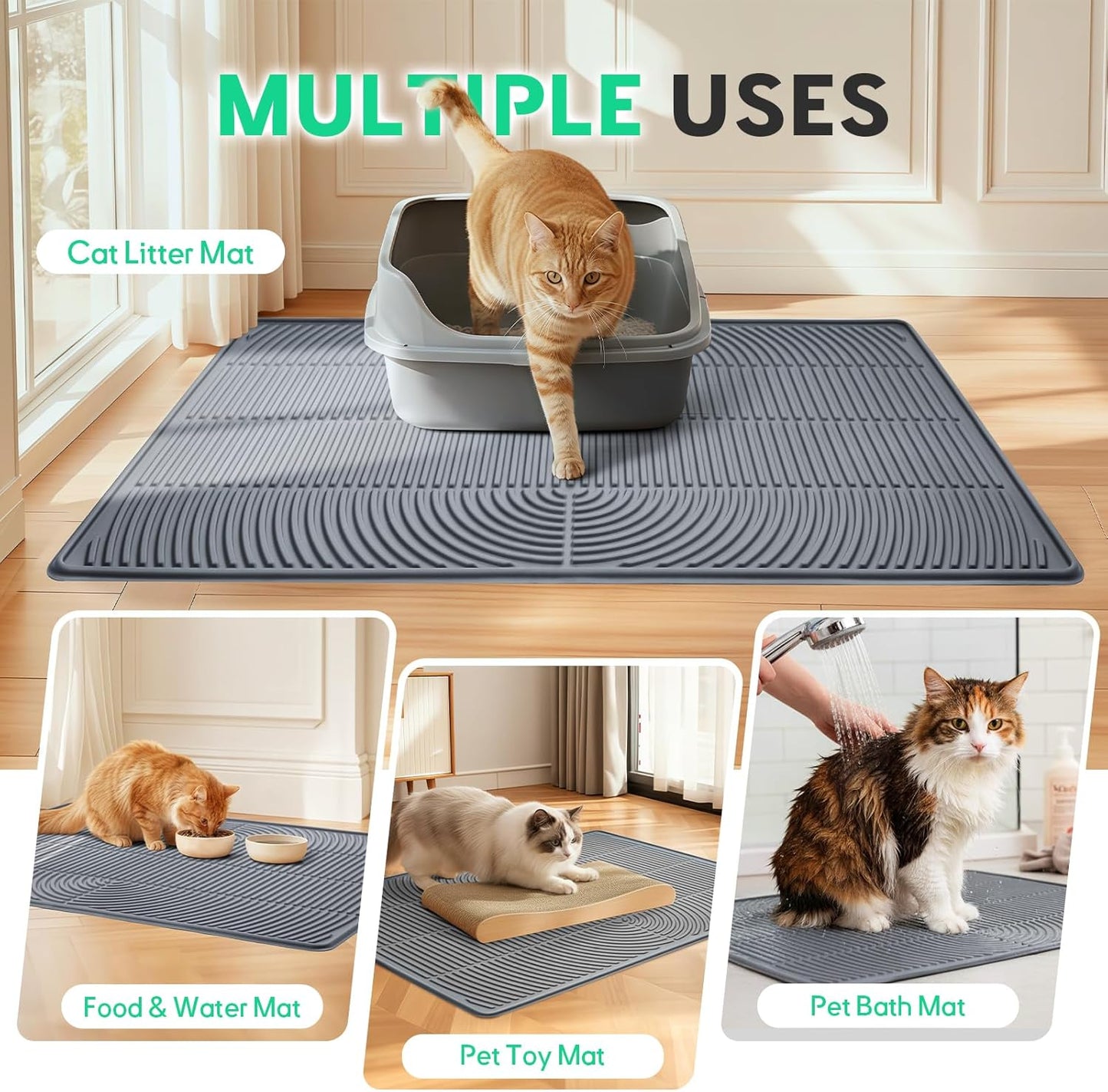 Rinsing water over easy to clean gray silicone cat litter mat