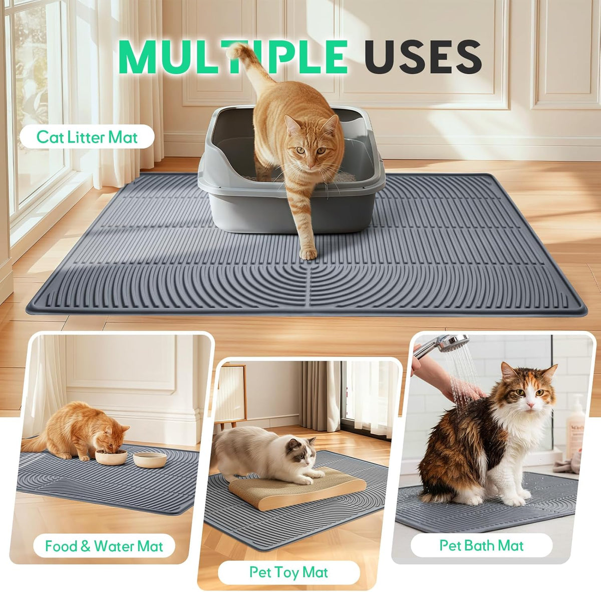 Rinsing water over easy to clean gray silicone cat litter mat