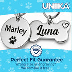 Small silver stainless steel pet ID tag with secure split ring attachment.
