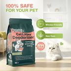 Non toxic cat litter odor neutralizer being sprinkled over cat litter tray
