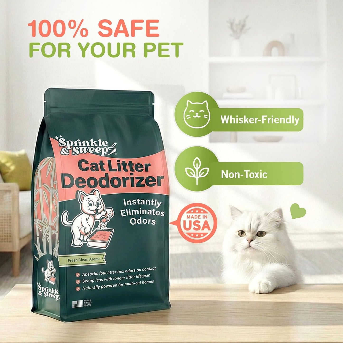 Non toxic cat litter odor neutralizer being sprinkled over cat litter tray