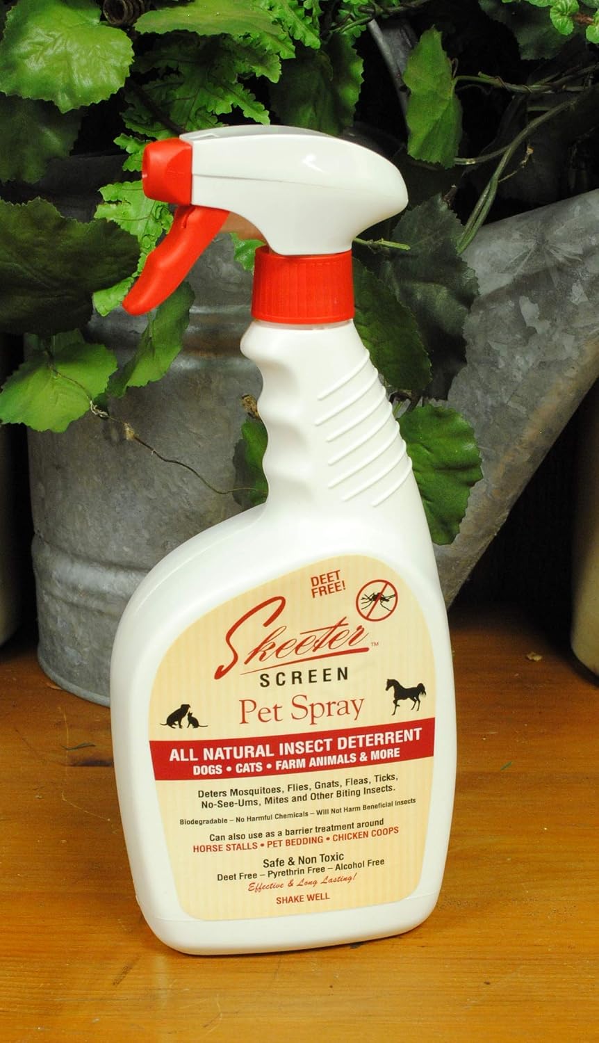 Skeeter Screen 32 ounce animal insect deterrent showing directions for stall and coop usage