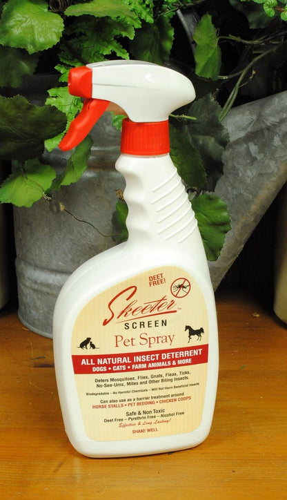 Skeeter Screen 32 ounce animal insect deterrent showing directions for stall and coop usage