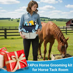 Rouisxue horse sweat scraper and bathing sponge included in the 14-piece comprehensive equine grooming collection.