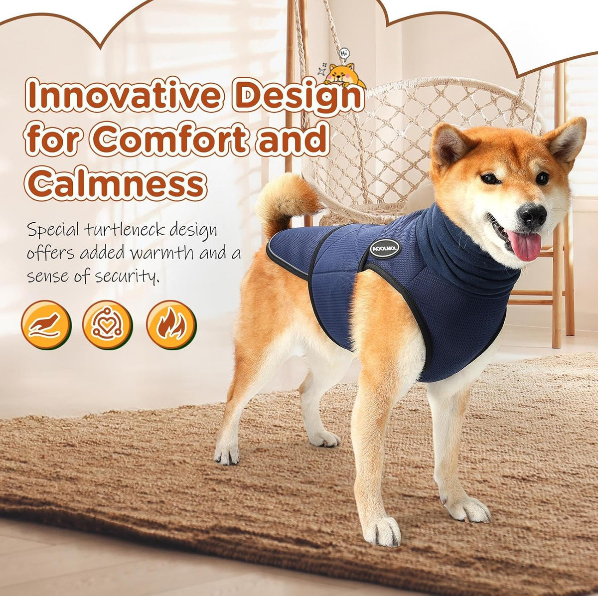 Dog wearing Aoolmol anxiety vest with hood covering ears