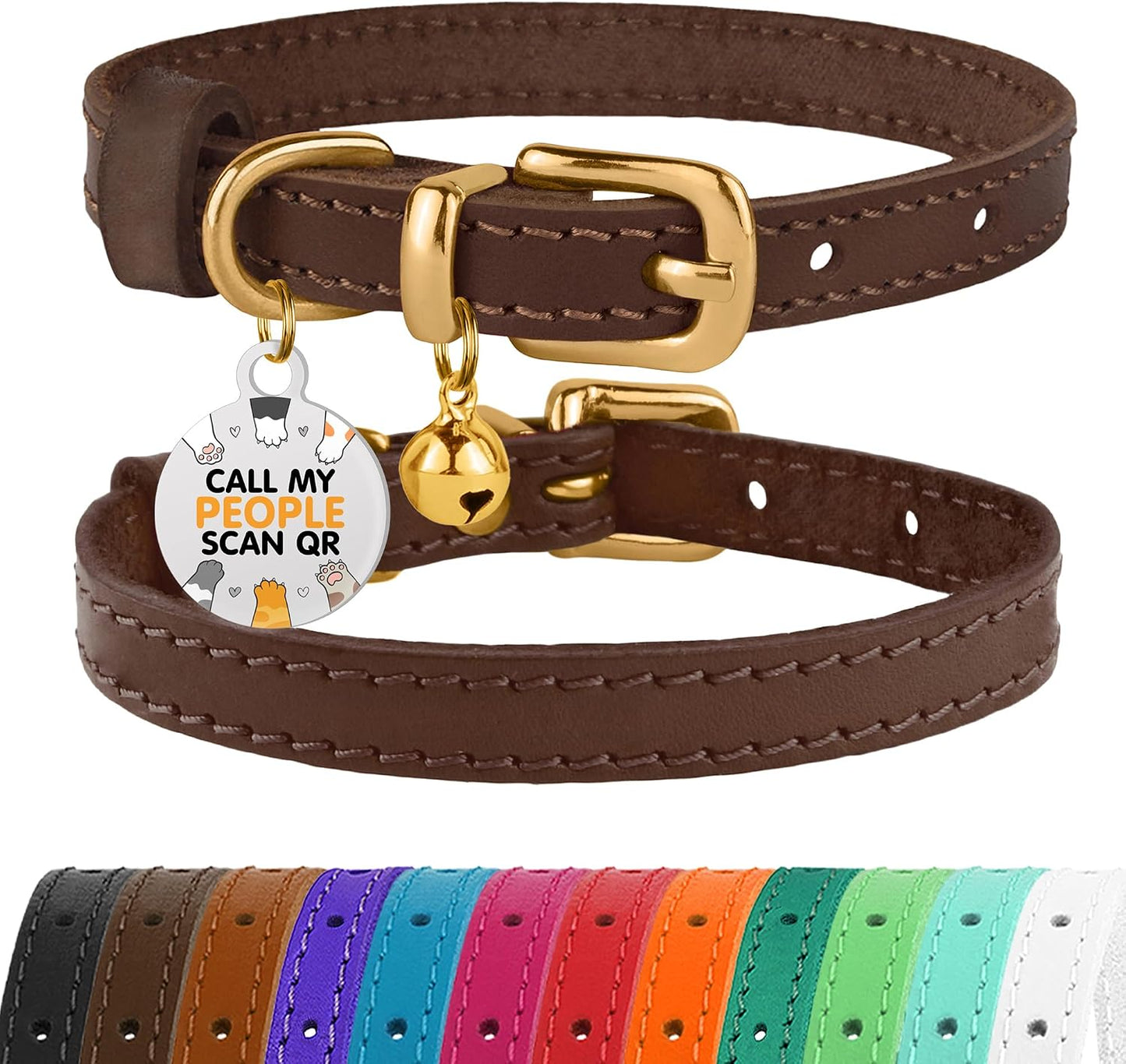 BRONZEDOG Leather Cat Collar with Removable Bells Non Breakaway Kitten QR Tag for Girl Boy (7" - 9" for Cats, Black & Gold) - Image 15