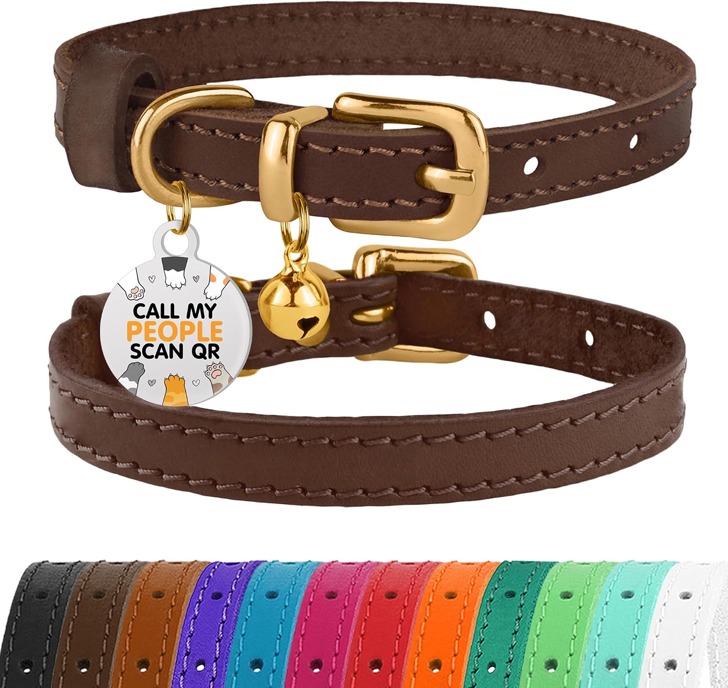 BRONZEDOG Leather Cat Collar with Removable Bells Non Breakaway Kitten QR Tag for Girl Boy (7" - 9" for Cats, Black & Gold) - Image 15