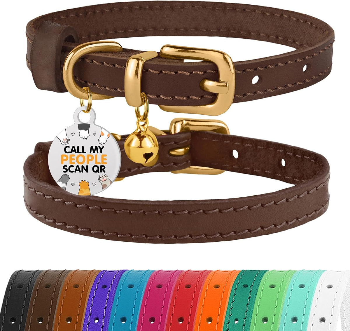 BRONZEDOG Leather Cat Collar with Removable Bells Non Breakaway Kitten QR Tag for Girl Boy (7" - 9" for Cats, Black & Gold) - Image 15