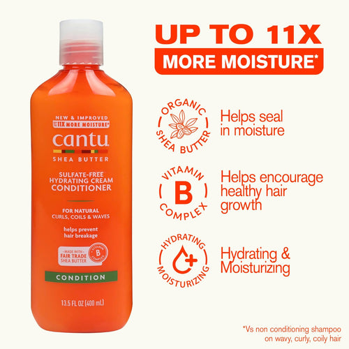 Cantu moisturizing conditioner bottle showcasing sulfate free ingredients for healthy hair growth