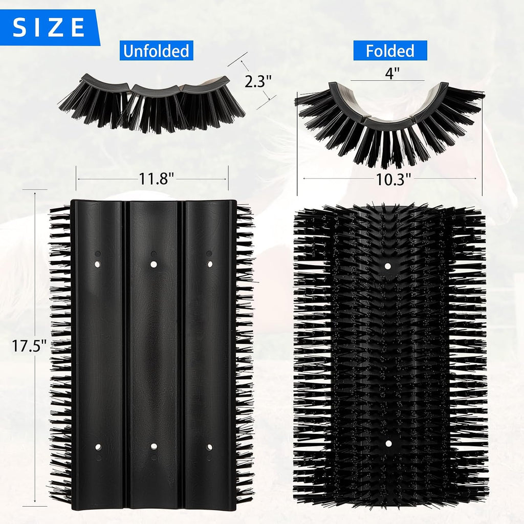 Upgraded horse scratcher brush mounted flat on a wooden barn wall for stable installation