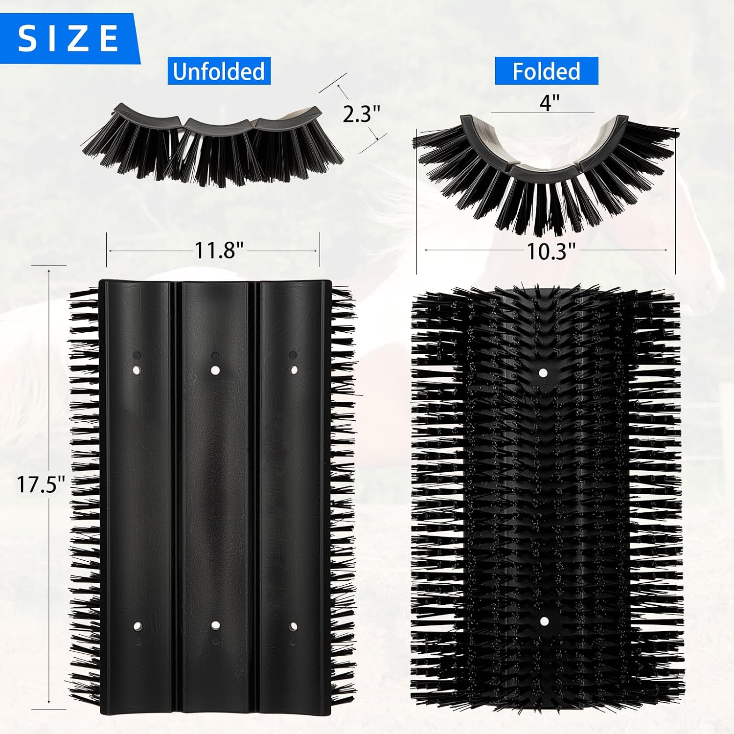Upgraded horse scratcher brush mounted flat on a wooden barn wall for stable installation