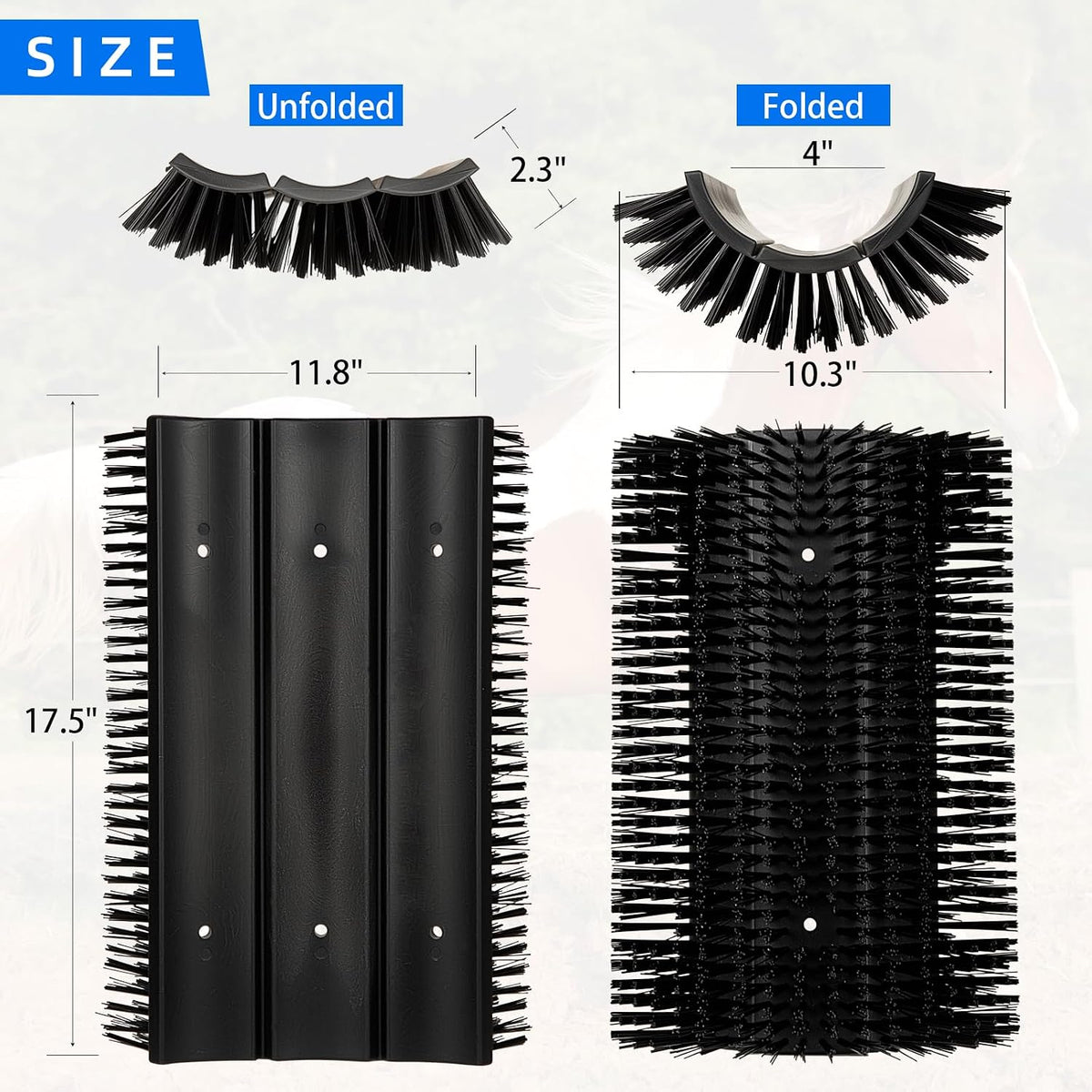 Upgraded horse scratcher brush mounted flat on a wooden barn wall for stable installation