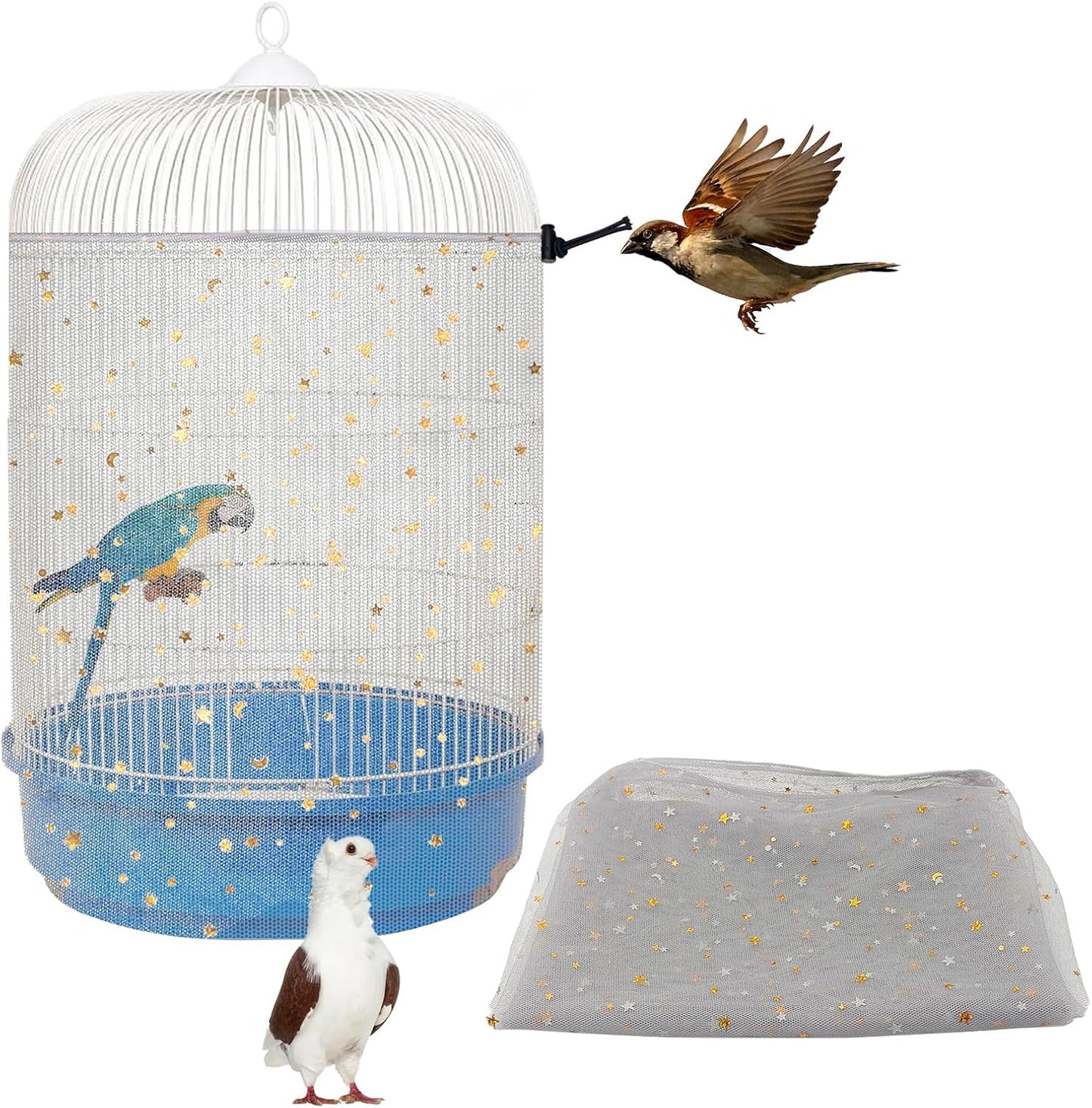 Bird Cage Seed Catcher, 45-90'' Adjustable Bird Cage Cover, Universal Nylon Bird Cage Mesh Net, Bird Cage Skirt Guard Accessories for Parrot Parakeet Macaw Round Square Cage (White) - Image 11